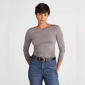 NWT Madewell Women's Ruched Crewneck Long-Sleeve Black and White Houndstooth Top